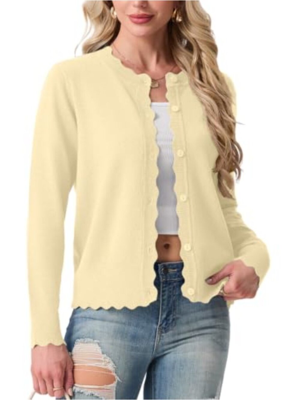 Women's Lightweight Button Down Knit Cardigan Sweater Scalloped Open Front